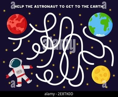 Maze game for kids. Help astronaut to get to the Earth planet. Space themed worksheet. Stock Vector