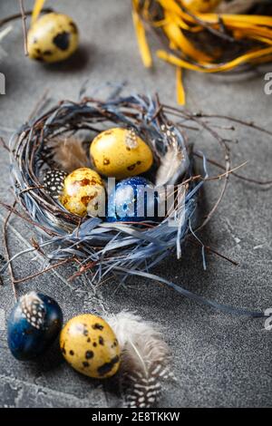 Colored yellow and blue Easter quail eggs in small nests. Quail eggs for catholic and orthodox easter holiday. Shallow depth of field. Stock Photo