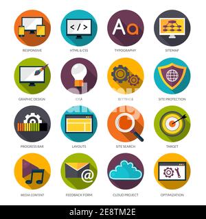 Web design flat icons set with site protection progress bar optimization symbols isolated vector illustration Stock Vector