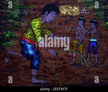 Art, painting ,oil color ,children playing ,From Thailand,Thai tradition, Stock Photo