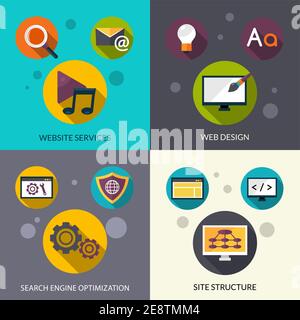 Web design concept set with website services search engine optimization flat icons isolated vector illustration Stock Vector