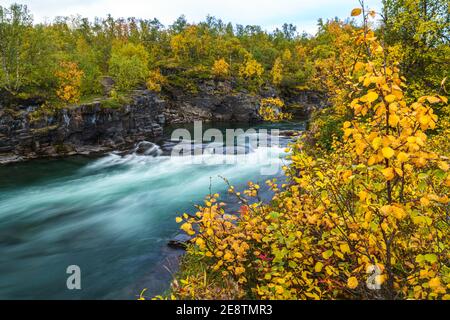 Abisko river in autumn season with yellow birch trees and turquoise water, Abisko, Swedish Lapland, Sweden Stock Photo