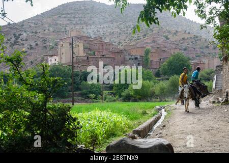 Two men riding a donkey near the village Zaouiat Ahansa in The High Atlas mountains of Morocco, known for its ighirmins ( collective granaries)l Stock Photo