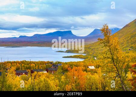 View from Björkliden over Lapporten in Abisko in autumn season with colorfull trees, Kiruna county, Swedish Lapland, Sweden Stock Photo
