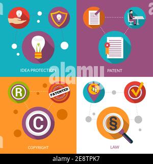 Patent idea protection design concept set with copyright and law flat icons isolated vector illustration Stock Vector
