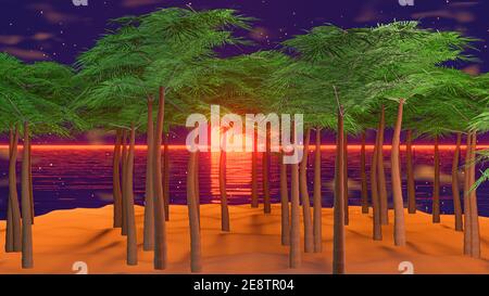 Surreal orange sunrise on a tropical island with palm trees. 3d rendering. Stock Photo