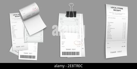 Shop receipts, paper cash checks with barcode. Vector realistic set of purchase bills, pile of printed invoices. Shopping cheques with binder clip isolated on gray background Stock Vector