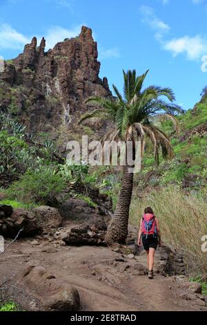 Young woman hiking in the Masca Gorge in Tenerife Stock Photo