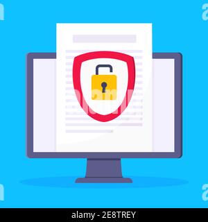 Privacy policy, safety lock and data protection metaphor. Shield with padlock on the computer monitor screen with personal data security protection sy Stock Vector