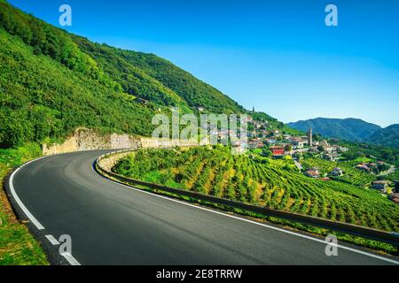 Road of Prosecco wine, vineyards and Santo Stefano village. Unesco Site. Valdobbiadene, Treviso, Veneto, Italy, Europe. Stock Photo