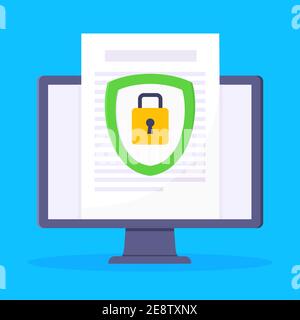 Privacy policy, safety lock and data protection metaphor. Shield with padlock on the computer monitor screen with personal data security protection sy Stock Vector