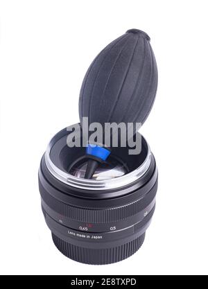 Air blower with camera lens Isolated on a white background. Stock Photo