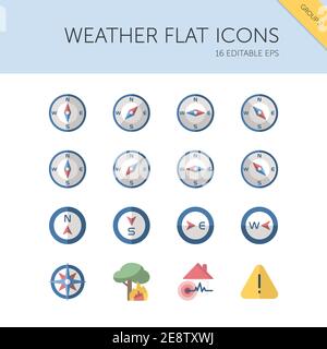 Weather and meteorology group. Compass and natural disasters. Isolated color icon set. Flat vector illustration Stock Vector