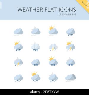Weather and meteorology group. Clouds, fog, rain, storm, snow and sleet. Isolated color icon set. Flat vector illustration Stock Vector