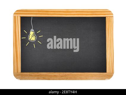 blackboard with light bulb  turned on   isolated on white Stock Photo