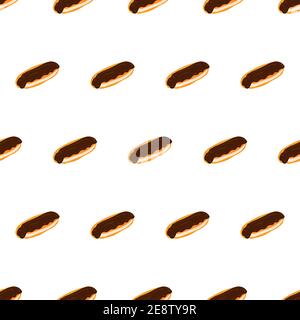 Packaging design template with colorful eclair with chocolate glaze seamless pattern. Cartoon vector illustration. Decorative print for wrapping paper, wallpaper. Stock Vector