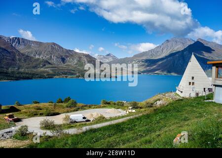 Summer view of the artificial Mont Cenis Lake, in the Savoy department near Lanslevillard, Rhone-Alpes, France near the italian border Stock Photo