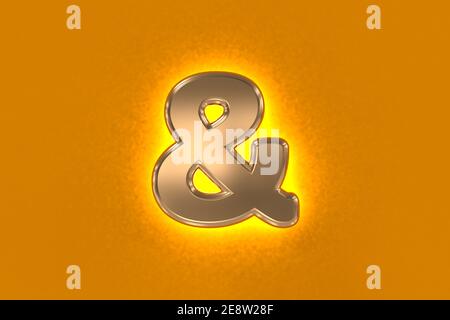 Copper or vintage gold metal alphabet with yellow noisy backlight - ampersand isolated on orange background, 3D illustration of symbols Stock Photo