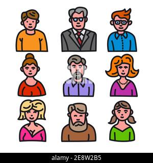 illustration of the set of female and male character avatars colorful icons on the white background Stock Vector