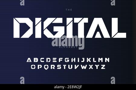 Digital urban alphabet, bold Futurism style letters. Geometric font with cutting line inside letters. Type for modern futuristic logo, headline Stock Vector