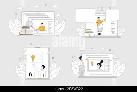Online education set. Digital learning collection concepts. Teacher gives webinar or online video training. Vector color line art flat illustration. Stock Vector