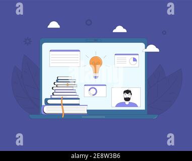 Online education. Digital learning on computer screen. Internet webinar or online video training, course. Vector color line art flat illustration. Stock Vector