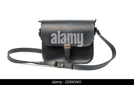 black leather bag with long shoulder strap, accessory isolated on white background, close up Stock Photo