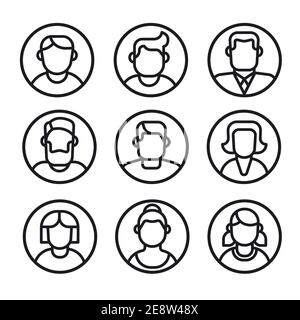illustration of the set of female and male avatars black outline color icons on the white background Stock Vector