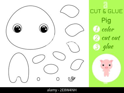Coloring book cut and glue baby pig. Educational paper game for preschool children. Cut and Paste Worksheet. Color, cut parts and glue on paper. Stock Vector