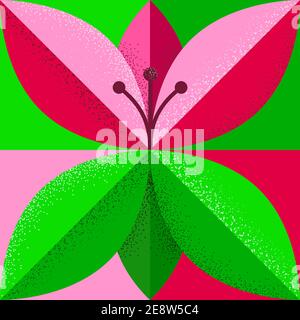 Stylized flower on square check background with stippled shading. Shades of green and fuchsia pink. EPS10 vector format. Stock Vector