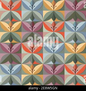Origami flowers in trend colours in a seamless pattern. Folded paper blooms in geometric shapes in 2021 on trend colour schemes for interior design. E Stock Vector