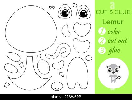 Cut and glue baby lemur. Color paper application game. Educational ...