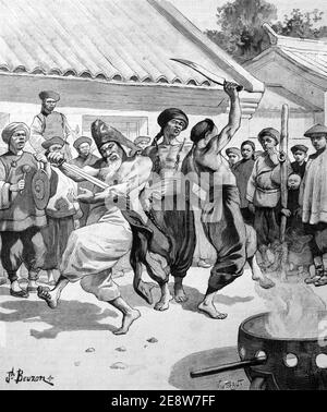 Chinese Boxer Fanatics or Penitents Demonstrate During the Boxer Rebellion, Boxer Uprising or Yihetuan Movement (1899-1901) China 1901 Vintage Illustration or Engraving Stock Photo