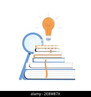Books with lightbulb and magnifier. Knowledge, education, learning, idea symbol. Study, research. Vector color line art flat illustration. Stock Vector