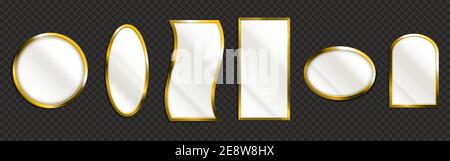 Blank golden frames isolated on transparent background. Empty borders for mirror, photo or picture, home, museum or office decor, mockup for exhibition, art framing, Realistic 3d vector illustration Stock Vector