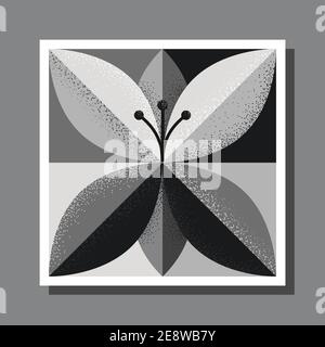 Stylized flower on square check background with stippled shading. Shades of black, white and grey. EPS10 vector format. Stock Vector
