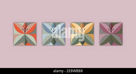 Origami flowers in trend colours. Folded paper blooms in geometric shapes in 2021 on trend colour schemes for interior design. Stock Vector