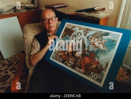 Czeslaw Slania (22 October 1921 Czeladz; 17 March 2005 Kraków) was a Polish-born postage stamp and banknote engraver, living in Sweden from 1956. According to the Guinness Book of World Records, Slania was the most skilled and prolific of all stamp engravers, with over 1000 stamps to his credit. His 1000th engraved stamp, based on the 17th-century painting 'Great Deeds by Swedish Kings' by David Klöcker Ehrenstrahl (2000), is in the Guinness Book as the largest engraved stamp ever issued. Pictured holding the famous stamp in an enlarged size. Stock Photo