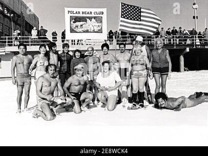 A group portrait of the Polar Bear club on a snowy day prior to their weekly swim. In Coney Island, Brooklyn circa 1976. Stock Photo