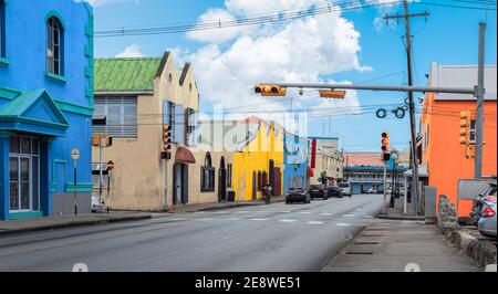 Street and colorful buildings in Bridgetown, Barbados. Stock Photo