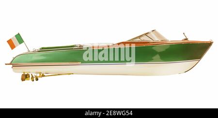 Side view of a two tone vintage Italian speedboat isolated on a white background Stock Photo