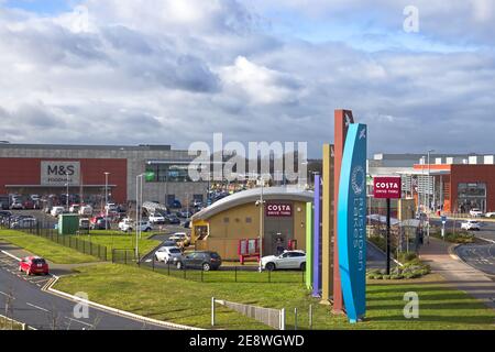 Aerial view of the entrance to Rushden Lakes Shopping Centre, Northamptonshire, England, UK Stock Photo