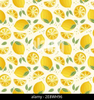 Seamless pattern with lemons. Modern background with juicy citrus fruit and leaves. Vector illustration. Stock Vector