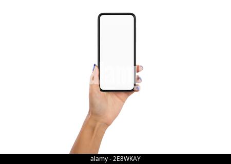 Female hand holding cellphone with white blank empty screen Stock Photo