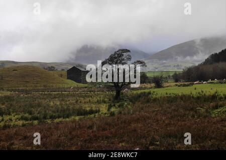 St Johns in the Vale, looking north with mist covered fells, Lake District National Park, Cumbria, England, United Kingdom