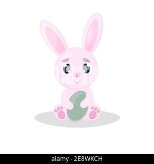 Cute cartoon rabbit Pink Easter bunny with Easter egg in paws Isolated vector illustrations on white background Stock Vector