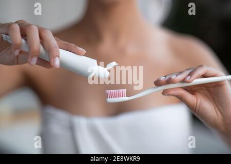 Morning time, personal oral hygiene, prevention caries and dental care Stock Photo