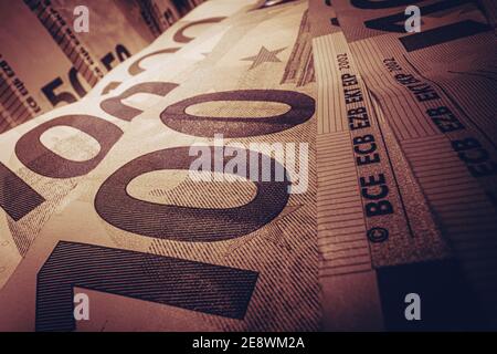 European Currency Theme. Euro Cash Banknotes on a Table Close Up. Banking Industry Theme. Stock Photo