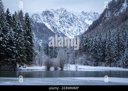 Frozen winter lake in the mountains covered with snow. Plansar lake, Jezersko Slovenia. Stock Photo