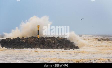 Big wave breaking, stormy weather on Atlantic coast, France Stock Photo